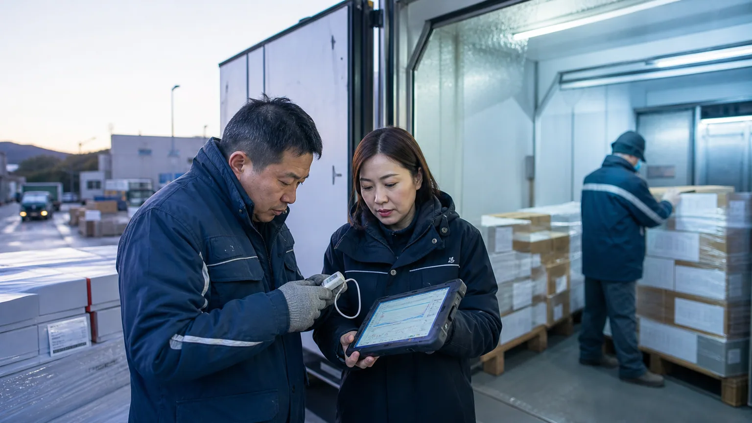 冷鏈人員在冷庫與物流車旁檢查溫度感測及趨勢資料的情境示意