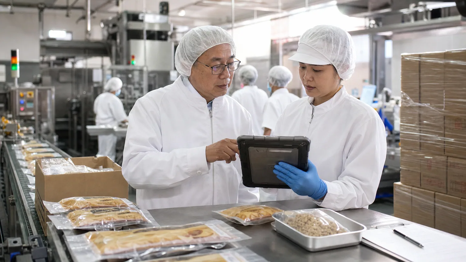 食品加工現場人員在包裝線旁核對批次資料的合作情境示意