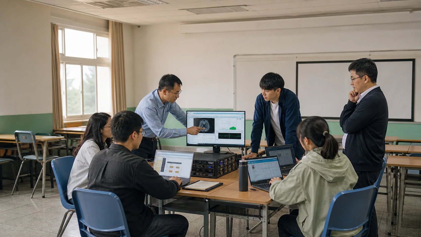 大學師生與產業導師在教室改造的離線 AI 實驗場共同檢視醫療原型的情境示意