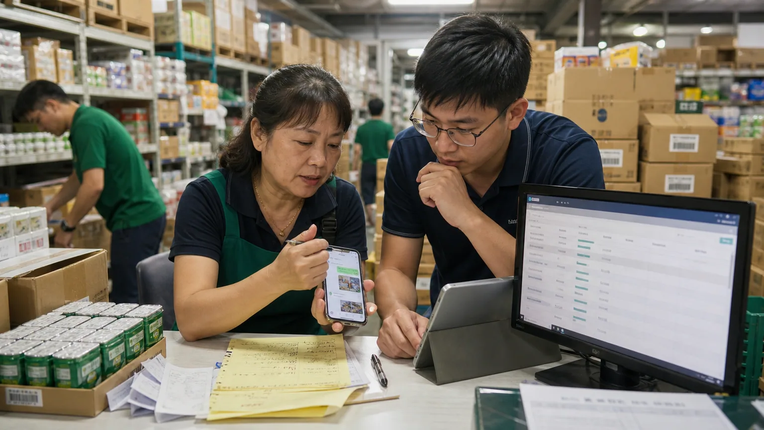 批發商訂單人員在倉庫工作桌比對聊天訊息、手寫單與數位訂單的情境示意